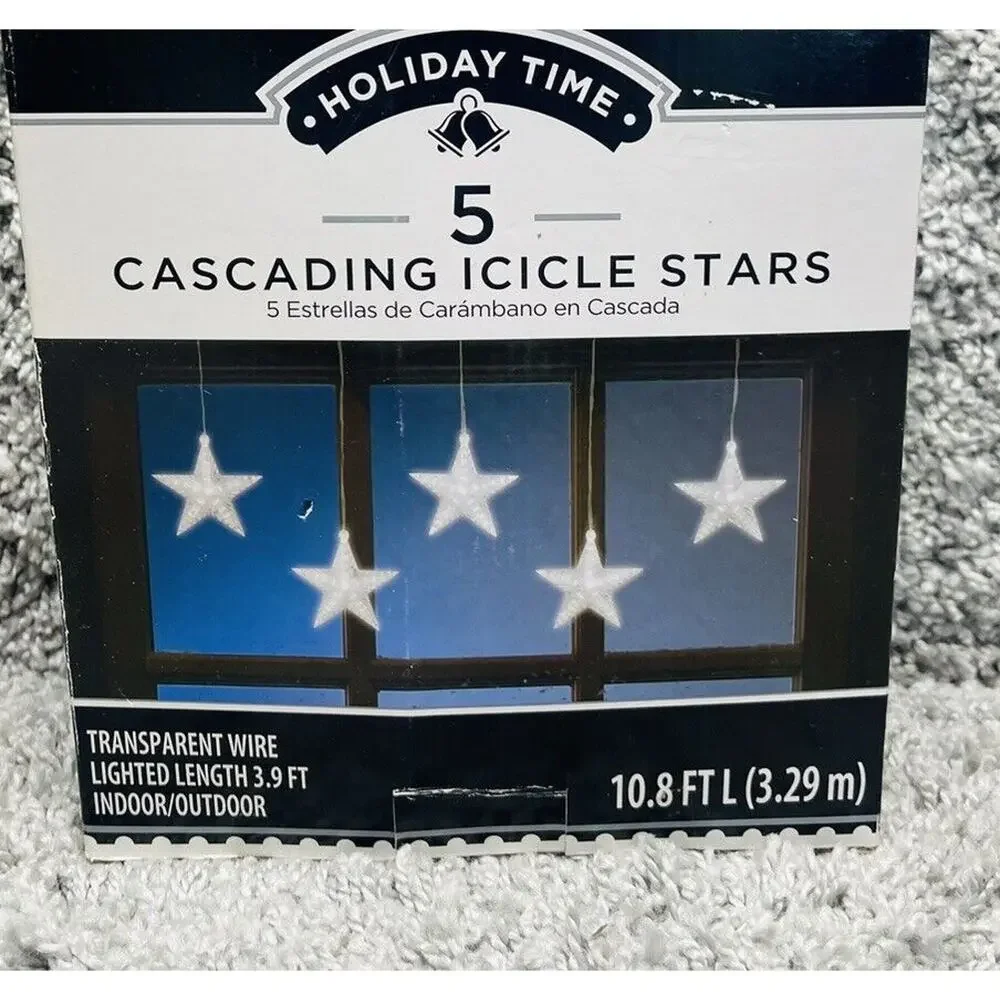 Holiday Time 5 Cascading Icicle Stars Transparent Wire Indoor Outdoor Use